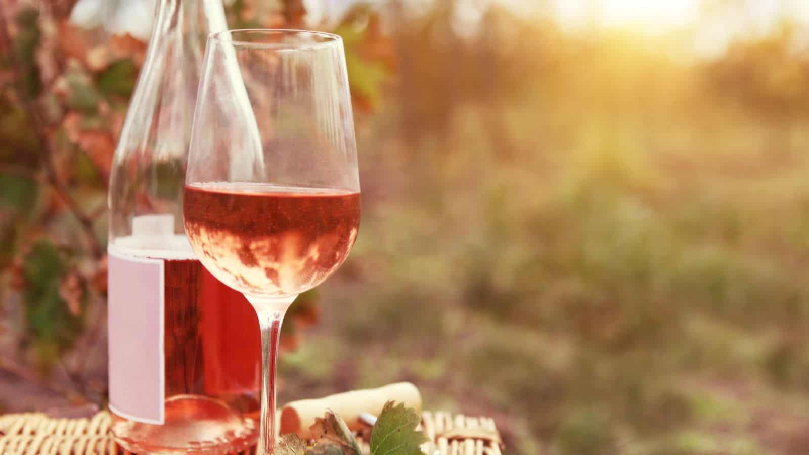 A glass and a bottle of rose wine are placed on a woven mat outdoors. The surrounding area is filled with greenery and bathed in warm, soft sunlight, suggesting a peaceful, rural setting. A cork and some leaves are nearby.