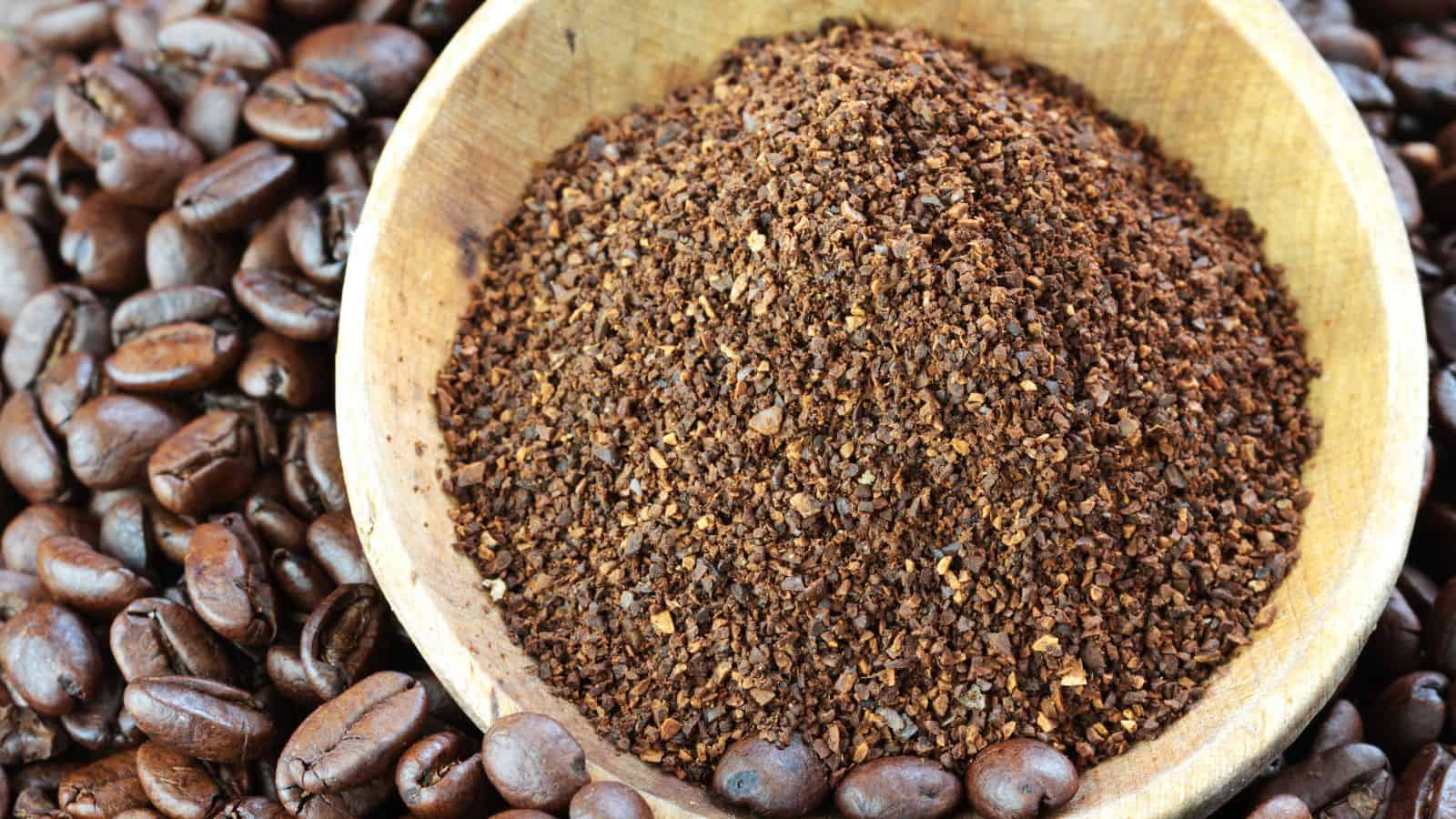 A wooden bowl filled with ground coffee is surrounded by whole coffee beans. The focus is on the textured surface of the ground coffee, with the dark brown beans providing a contrasting background.