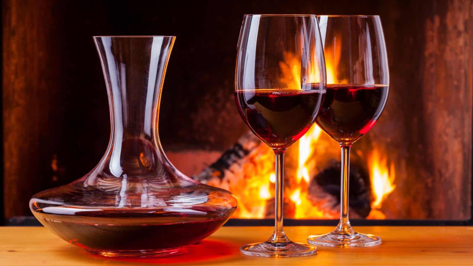 A decanter and two wine glasses filled with red wine are placed on a wooden surface in front of a lit fireplace. The flames in the fireplace give a warm and cozy ambiance.
