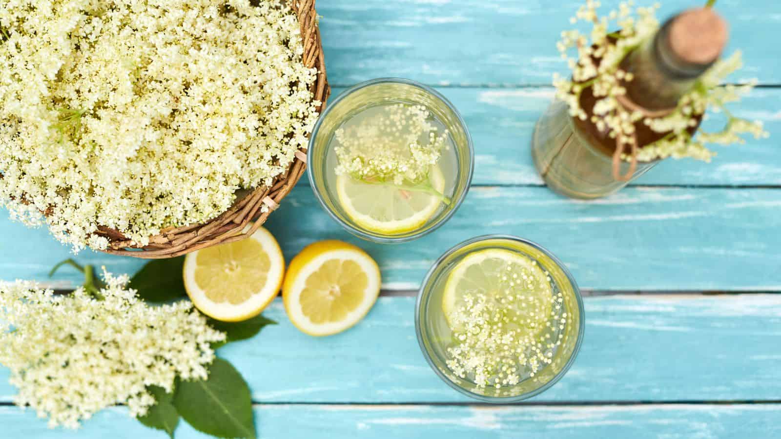 Two glasses of elderflower lemonade with lemon slices sit on a blue wooden surface. A basket filled with elderflowers and two lemon slices are nearby. A glass bottle with a small elderflower arrangement is on the right.