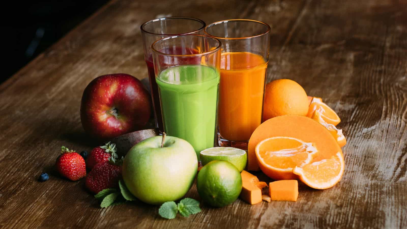Three glasses of juice&mdash;red, green, and orange&mdash;are on a wooden table, surrounded by various fruits. Visible fruits include an apple, a green apple, strawberries, a lime, an orange, a cut mango, a cut orange, and an acai berry.