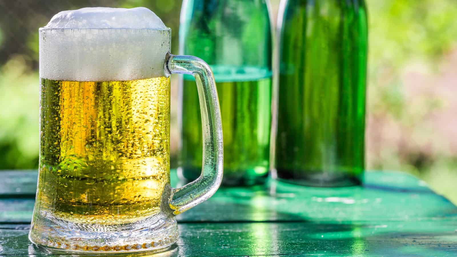 A frothy mug of beer sits on a green wooden table in sunlight, with condensation visible on the glass. Two green beer bottles are blurred in the background, surrounded by outdoor greenery.