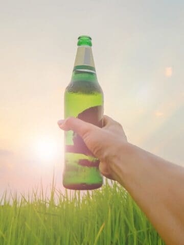 A person holds a green glass bottle up to the sky in a field of tall green grass. The sun is setting, creating a soft orange and yellow glow in the sky.