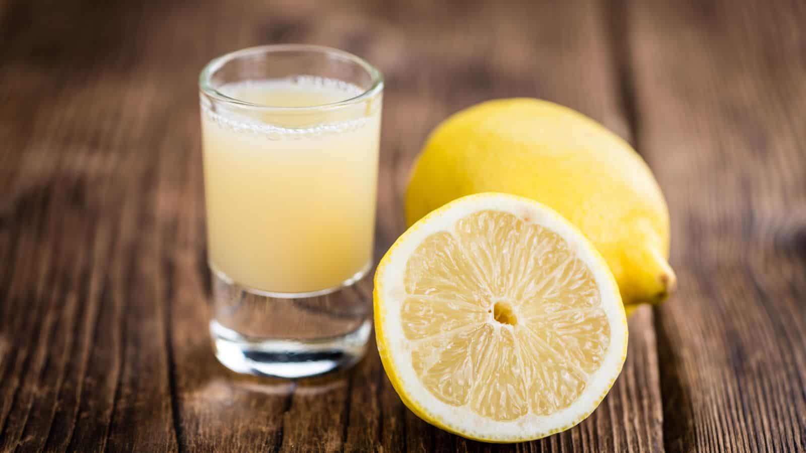 A small glass of lemon juice is placed on a wooden surface. Next to the glass, there is a whole lemon and a halved lemon, showcasing its inner texture. The setting has a rustic feel with visible wood grain.