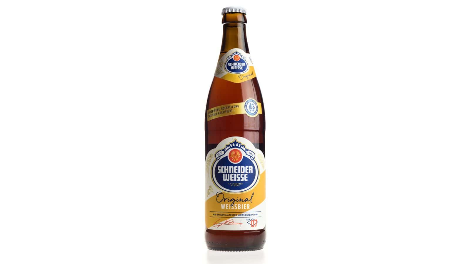 A bottle of Schneider Weisse Original Weissbier stands upright against a white background. The label features the brand's logo, and the text "Original Weissbier" is visible. The bottle is capped with a metallic cap.