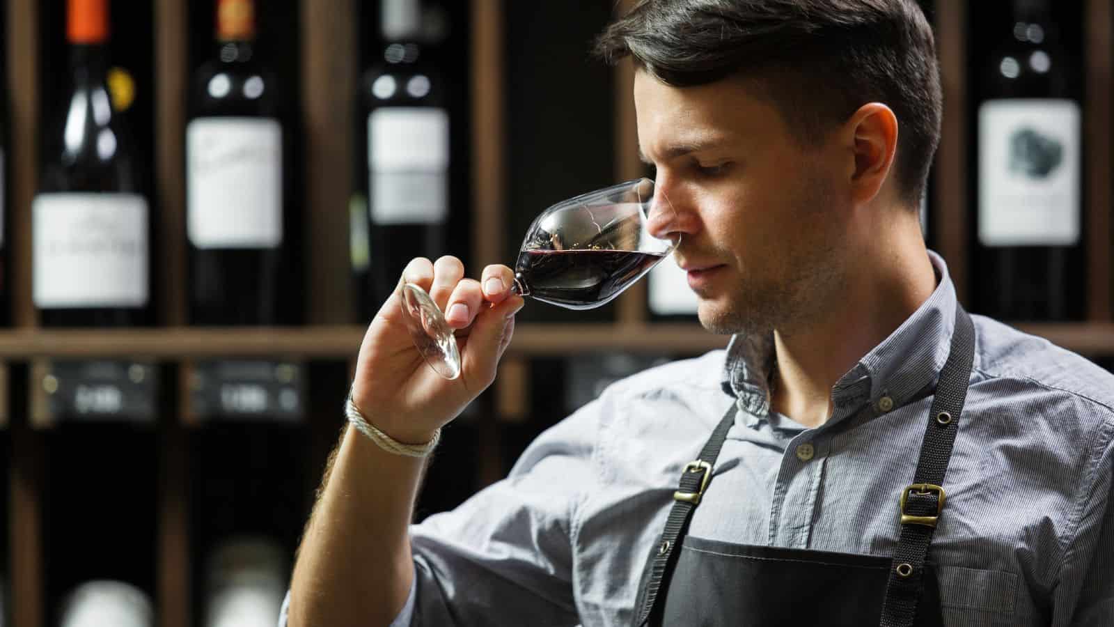 A man in a gray shirt and black apron holds a glass of red wine close to his nose, appearing to smell it. He stands in front of a wine rack filled with various bottles.