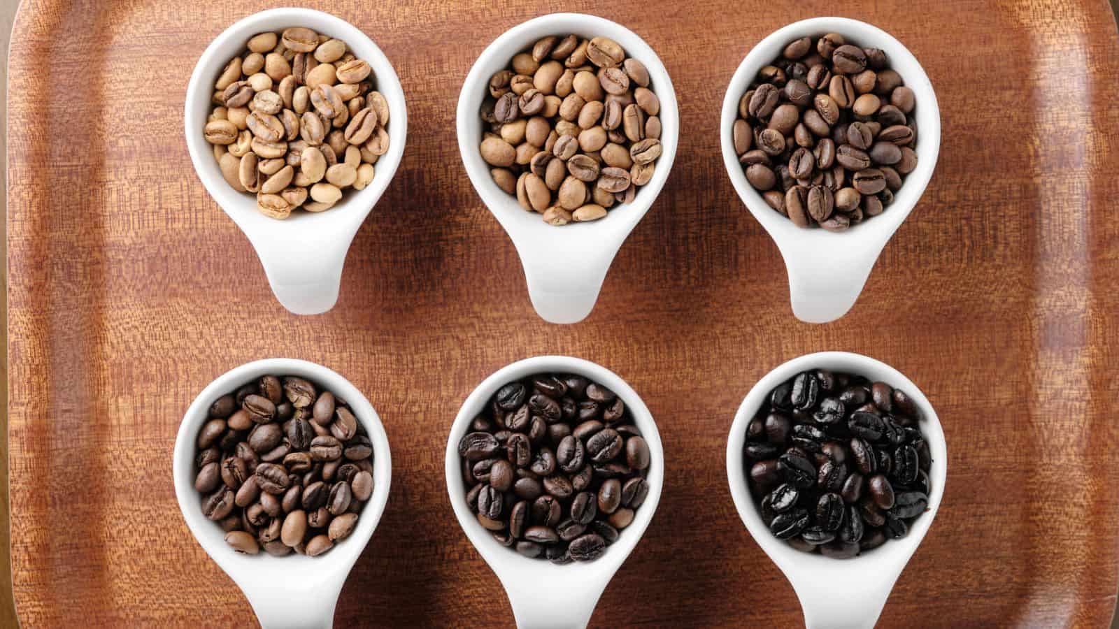 Six white ceramic scoops filled with coffee beans are arranged on a wooden surface. The beans range in color from light to dark, indicating varying roast levels from green to dark roast.