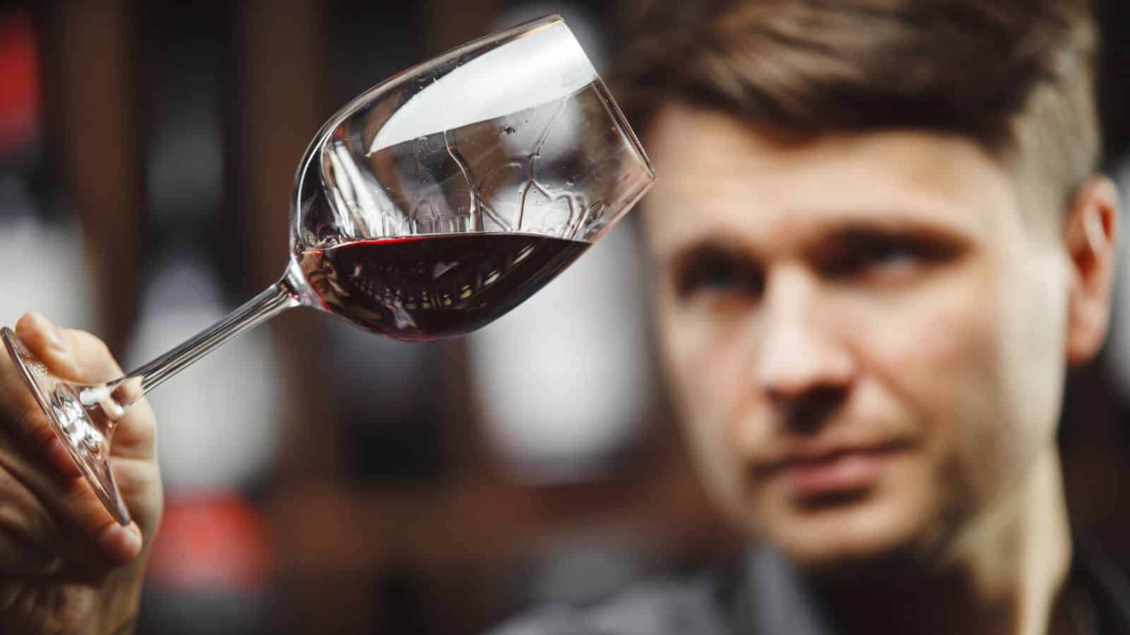 A person holds a wine glass up, tilted slightly, examining the red wine inside. The background is softly blurred, suggesting bottles on shelves. The focus is on the glass and the wine's color and clarity.