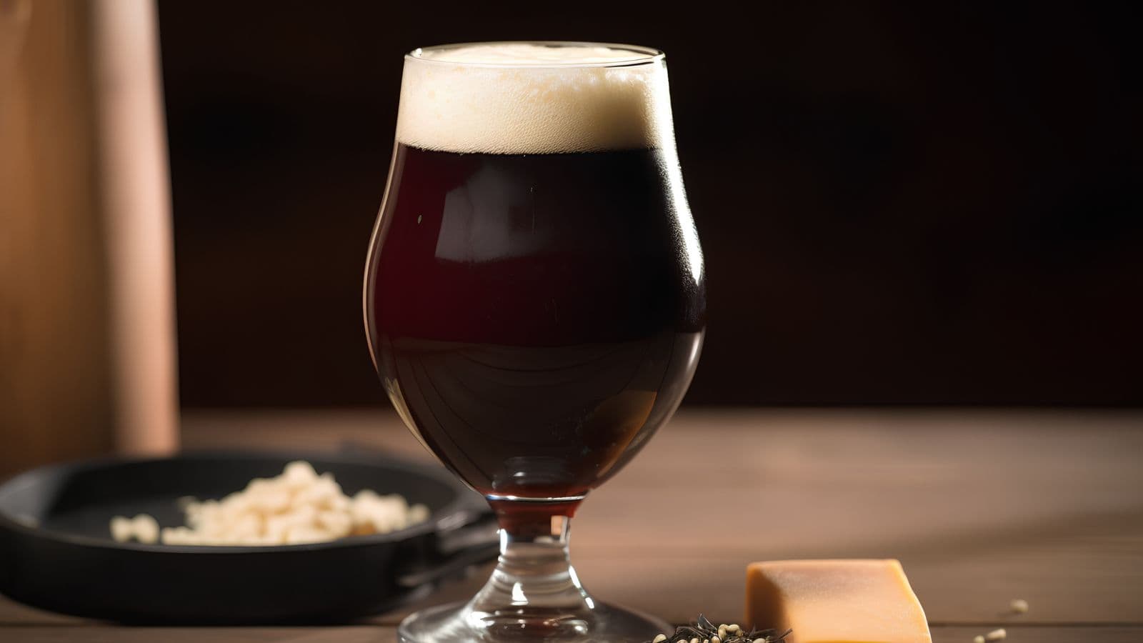 A tulip glass filled with dark beer on a wooden table. The beer has a frothy head. Beside it, there is a small dish with bits of cheese, a block of cheese, and some herbs. The background is dimly lit.