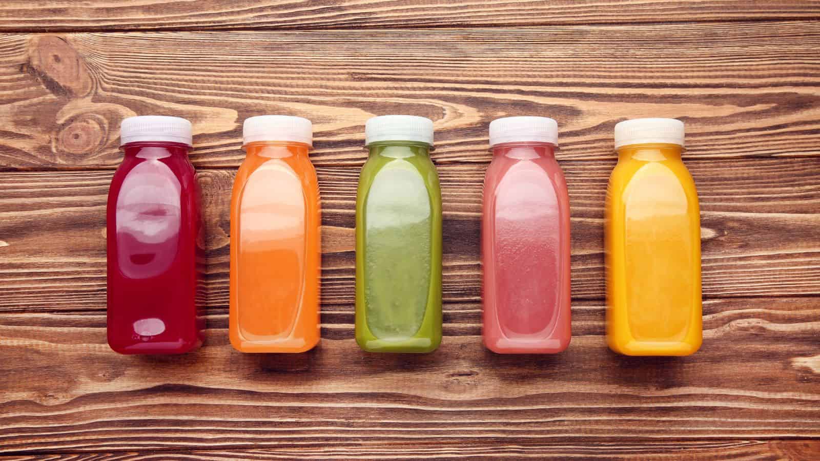 Five plastic bottles filled with different colored juices are lined up on a wooden surface. The colors from left to right are dark red, orange, green, pink, and yellow. Each bottle has a white cap.