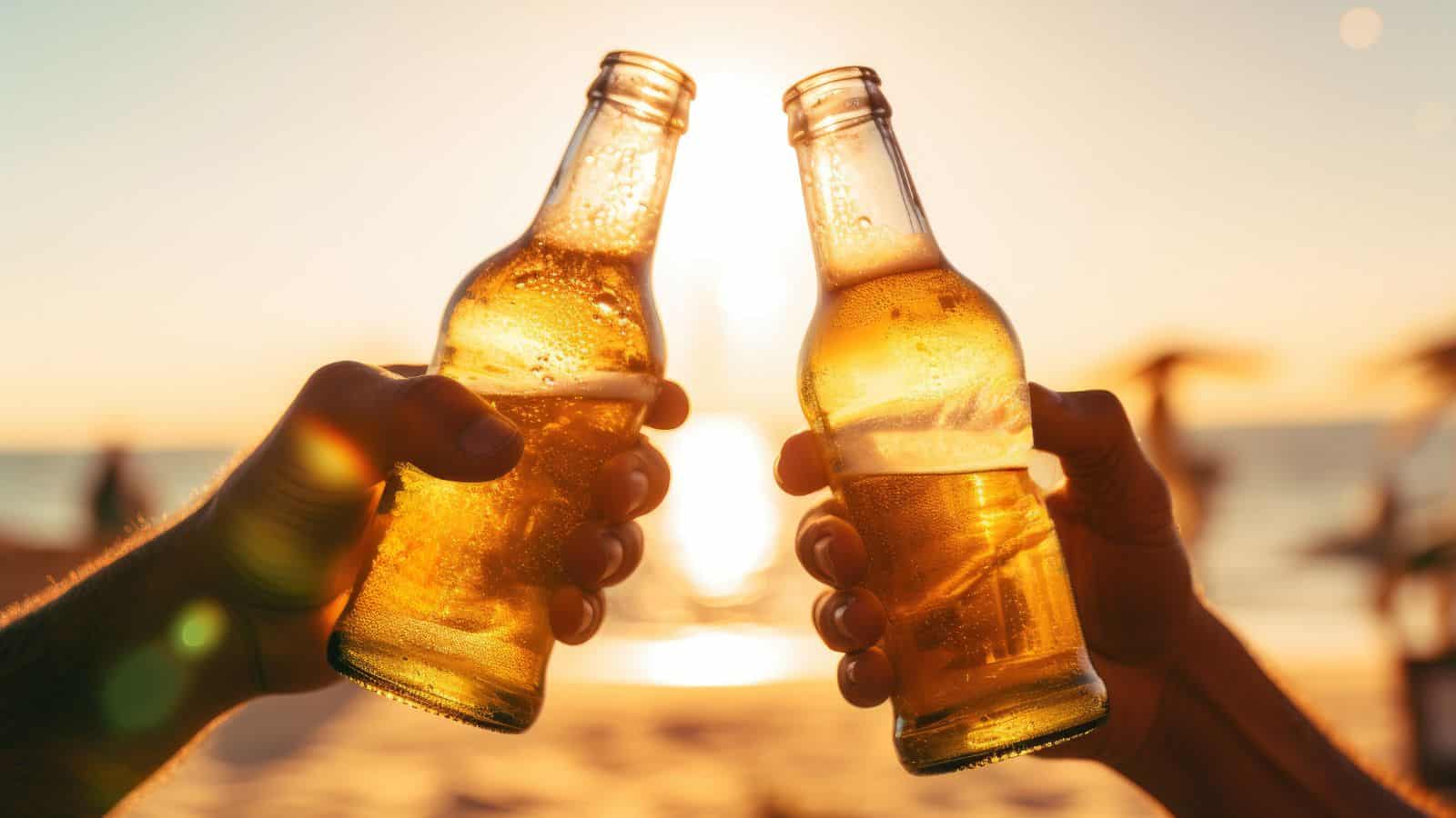 Two hands holding clear glass beer bottles, clinking them together against a sunset backdrop at the beach. The horizon and blurred silhouettes of people are visible in the background.