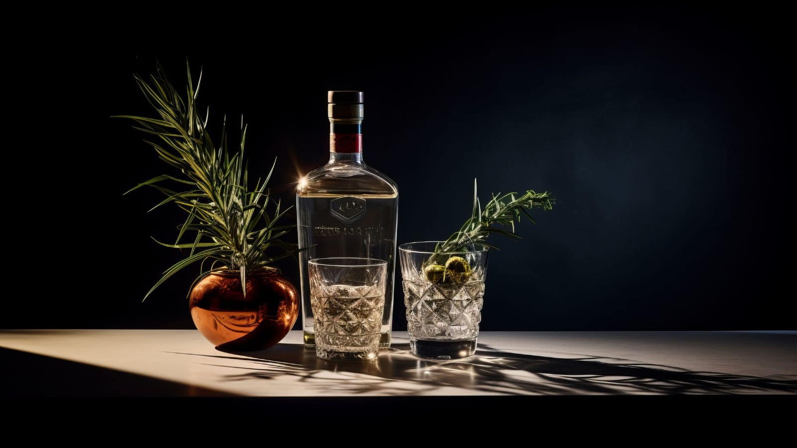 A bottle of clear liquor stands on a surface, flanked by two crystal glasses filled with a clear drink and garnished with herbs. A small copper vase with greenery is placed to the left, all set against a dark background.