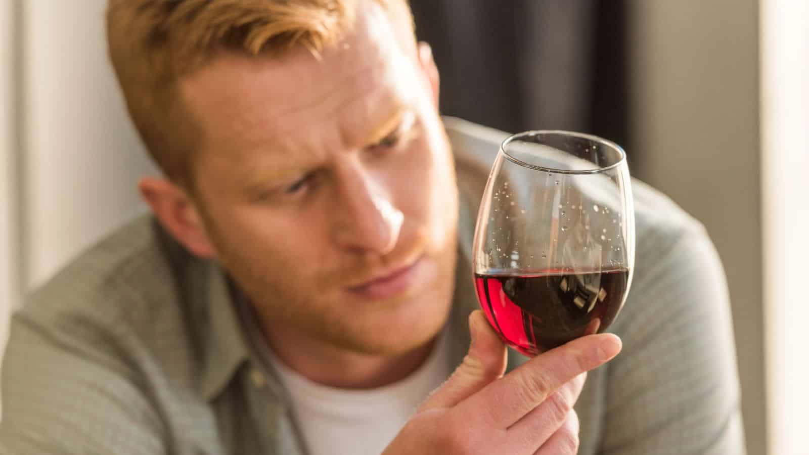 A person with light brown hair, wearing a green checkered shirt, is holding a glass of red wine. The individual is looking intently at the liquid against a blurred background.