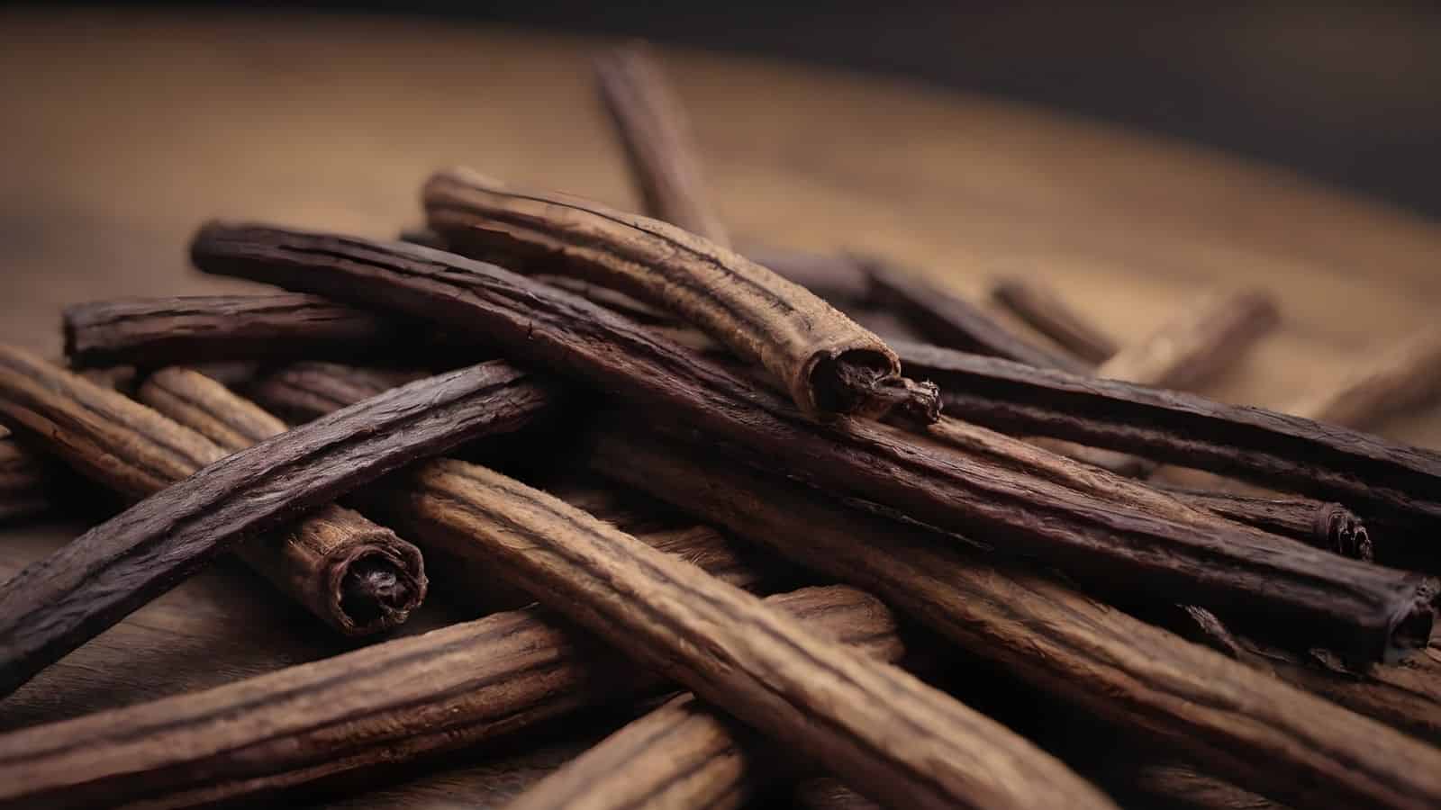 A close-up of several dried vanilla beans grouped together on a wooden surface. The beans have a rich brown color with a slightly wrinkled texture. The background is softly blurred, highlighting the focus on the vanilla beans.