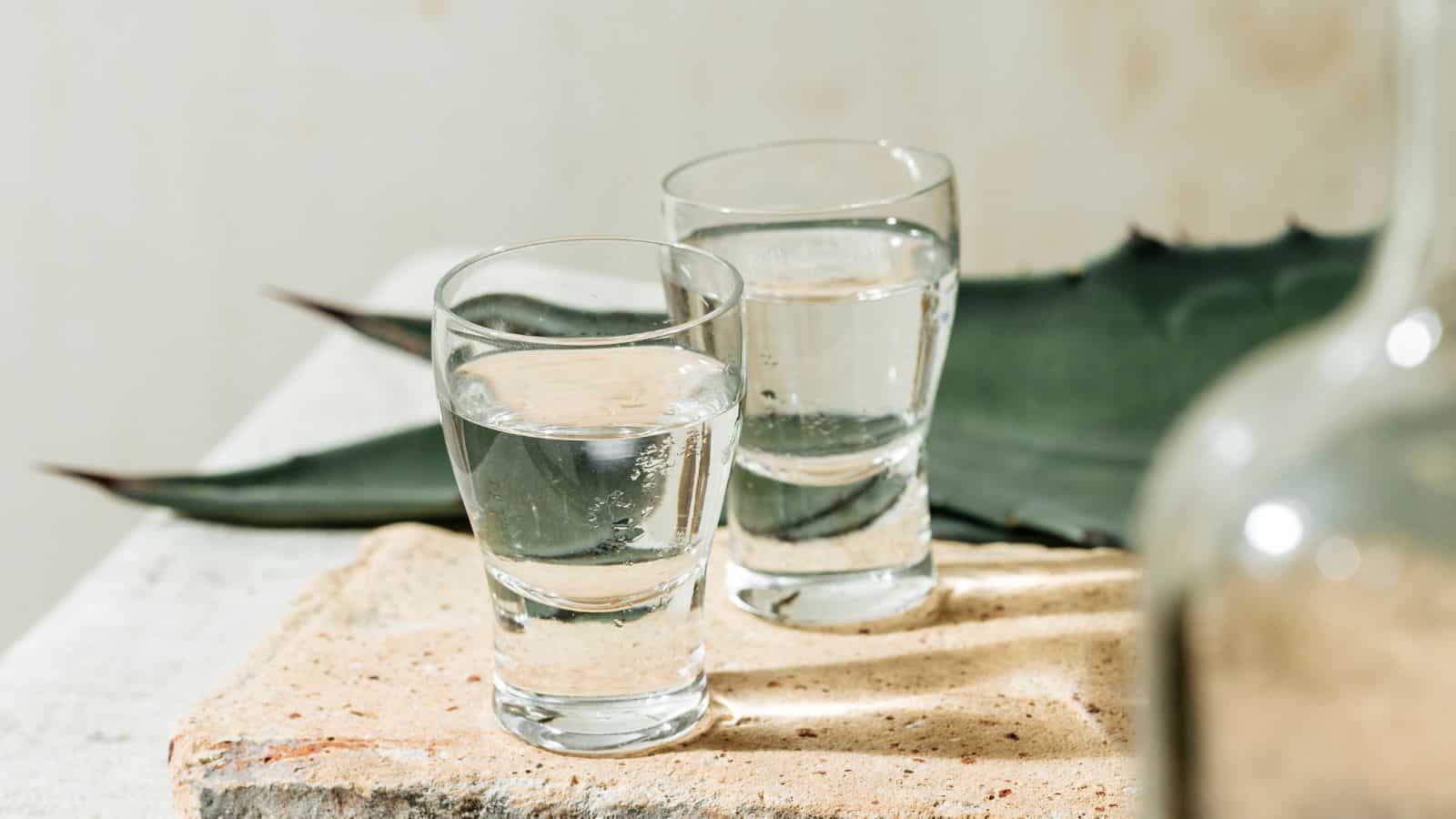 Two clear glasses filled with a transparent liquid are placed on a textured stone surface. A large green leaf is partially visible behind them. Another bottle appears blurred in the foreground on the right.