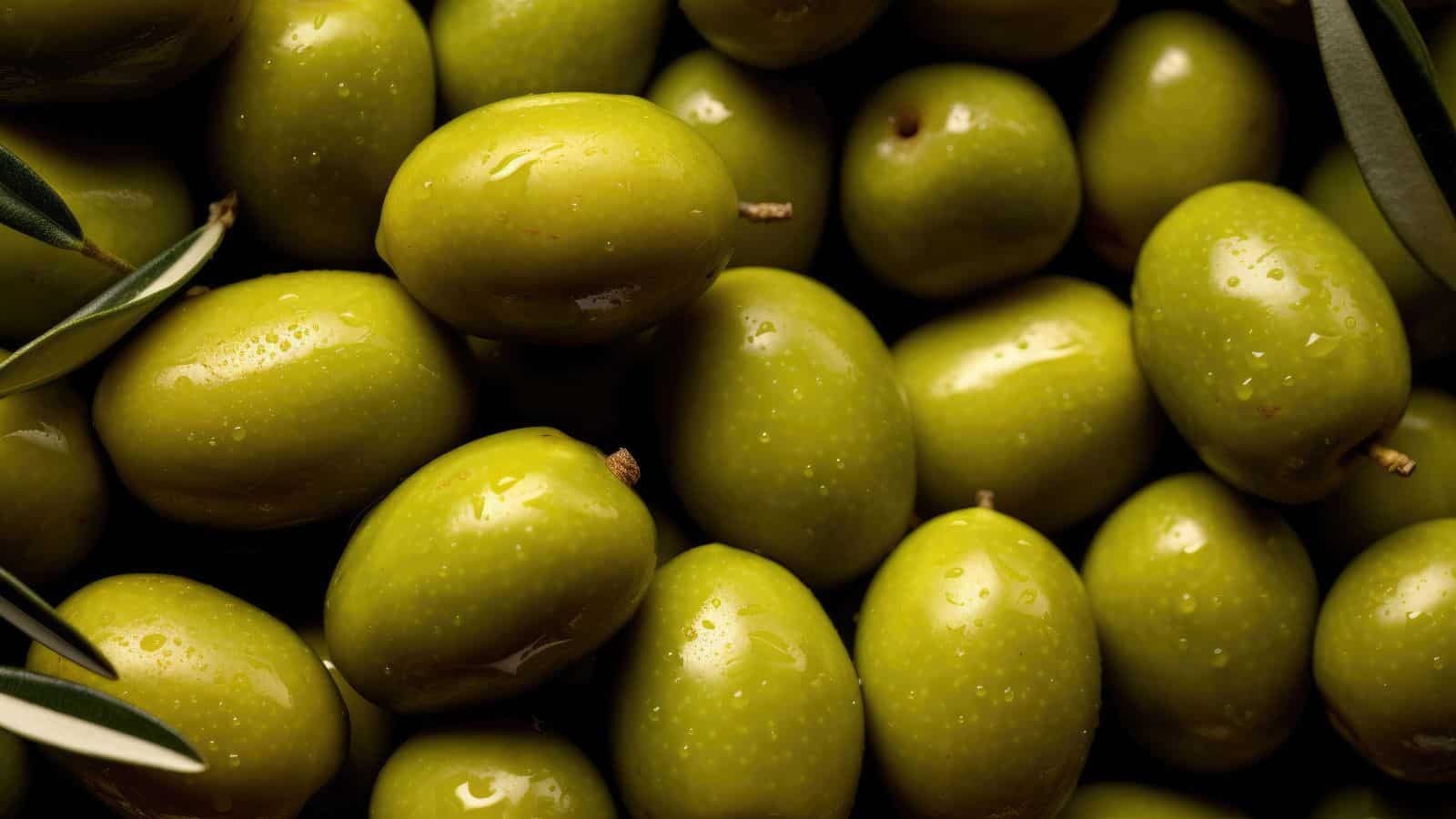 Close-up of a pile of green olives with glistening skins, indicating moisture. The olives are densely packed, with a few olive leaves partially visible at the edges. The lighting highlights the smooth texture of the olives.