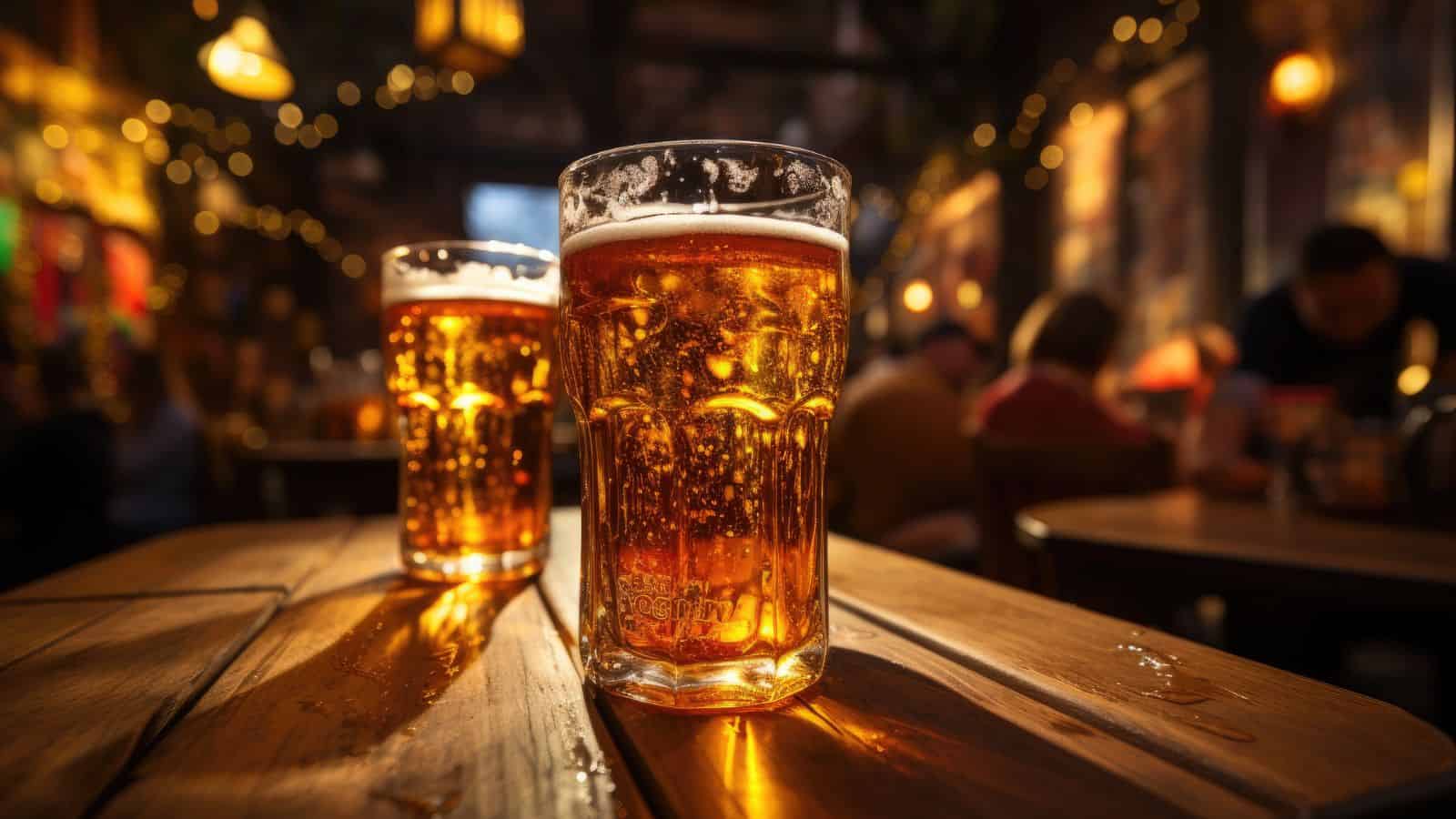 Two glasses of amber beer with frothy heads sit on a wooden table in a dimly lit pub. Warm, ambient lighting and blurred patrons are visible in the background, creating a cozy atmosphere.