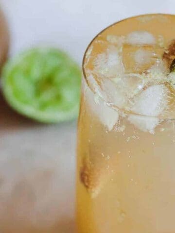 A glass filled with a light brown iced drink sits on a surface. The drink is garnished with a lime slice and a cinnamon stick. In the background, there’s fresh ginger, half a lime, and a bottle partially visible.