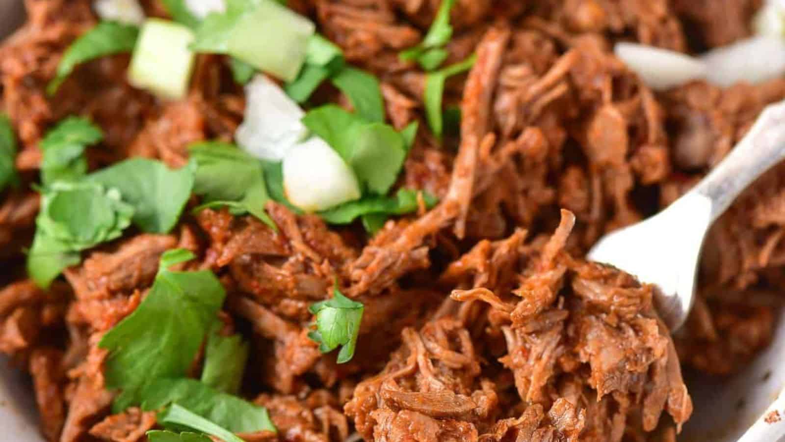 Overhead shot of a bowl of shredded beef birria with cilantro and chopped onions.