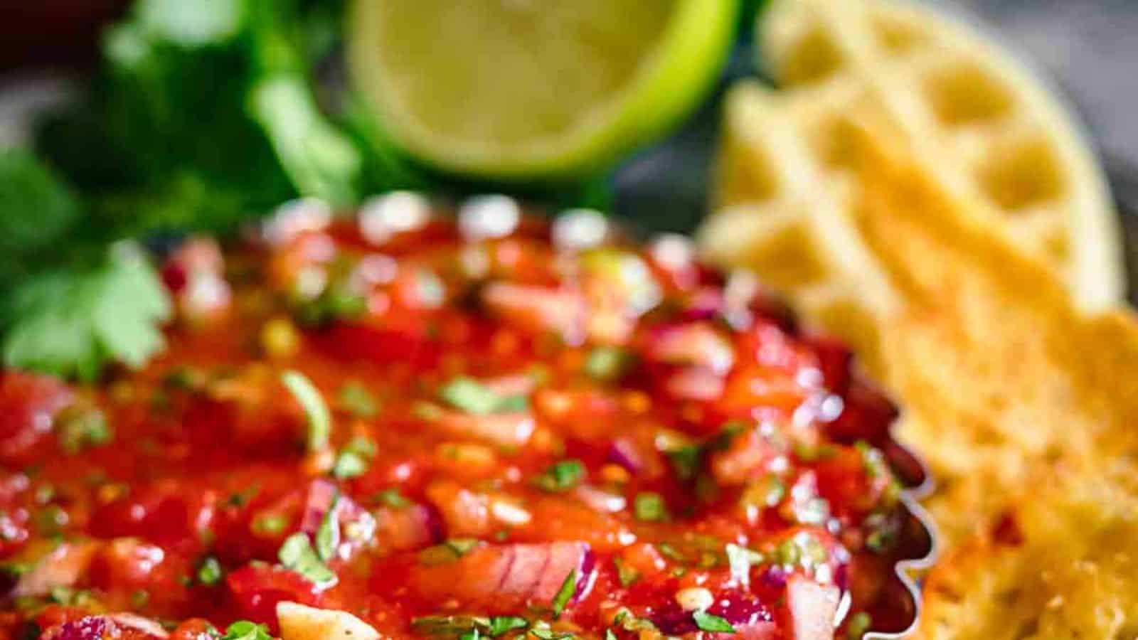 Close-up of a bowl of salsa, garnished with chopped cilantro. In the background, there is a halved lime and some waffle-style chips. The salsa is vibrant and colorful, featuring tomatoes, onions, and herbs.