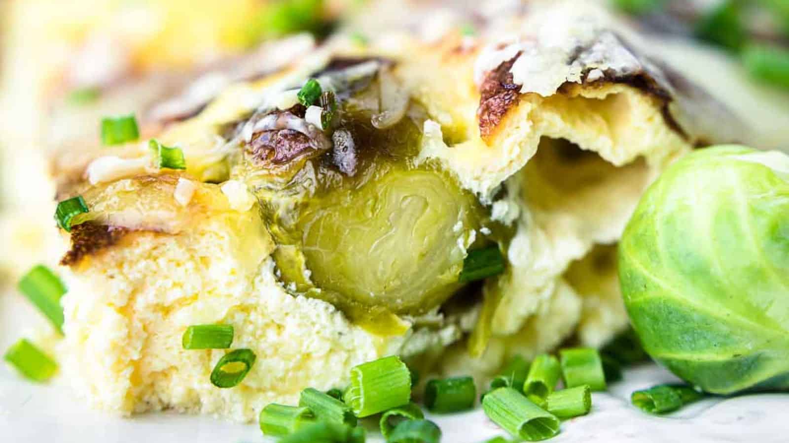 Brussel Sprouts Casserole piece on a white plate.