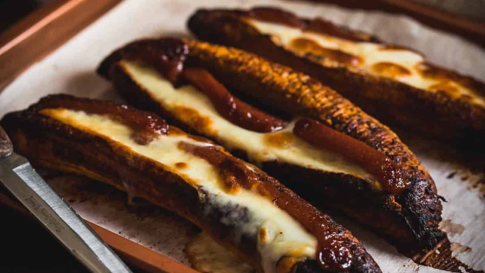 Baked plantains with cheese and guava wth tablecloth.