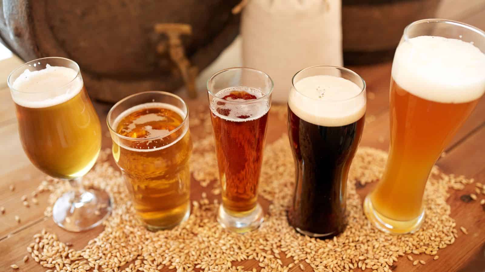 Five glasses of beer in varying shades from pale to dark are lined up on a wooden surface sprinkled with barley grains. A beer barrel is visible in the background.