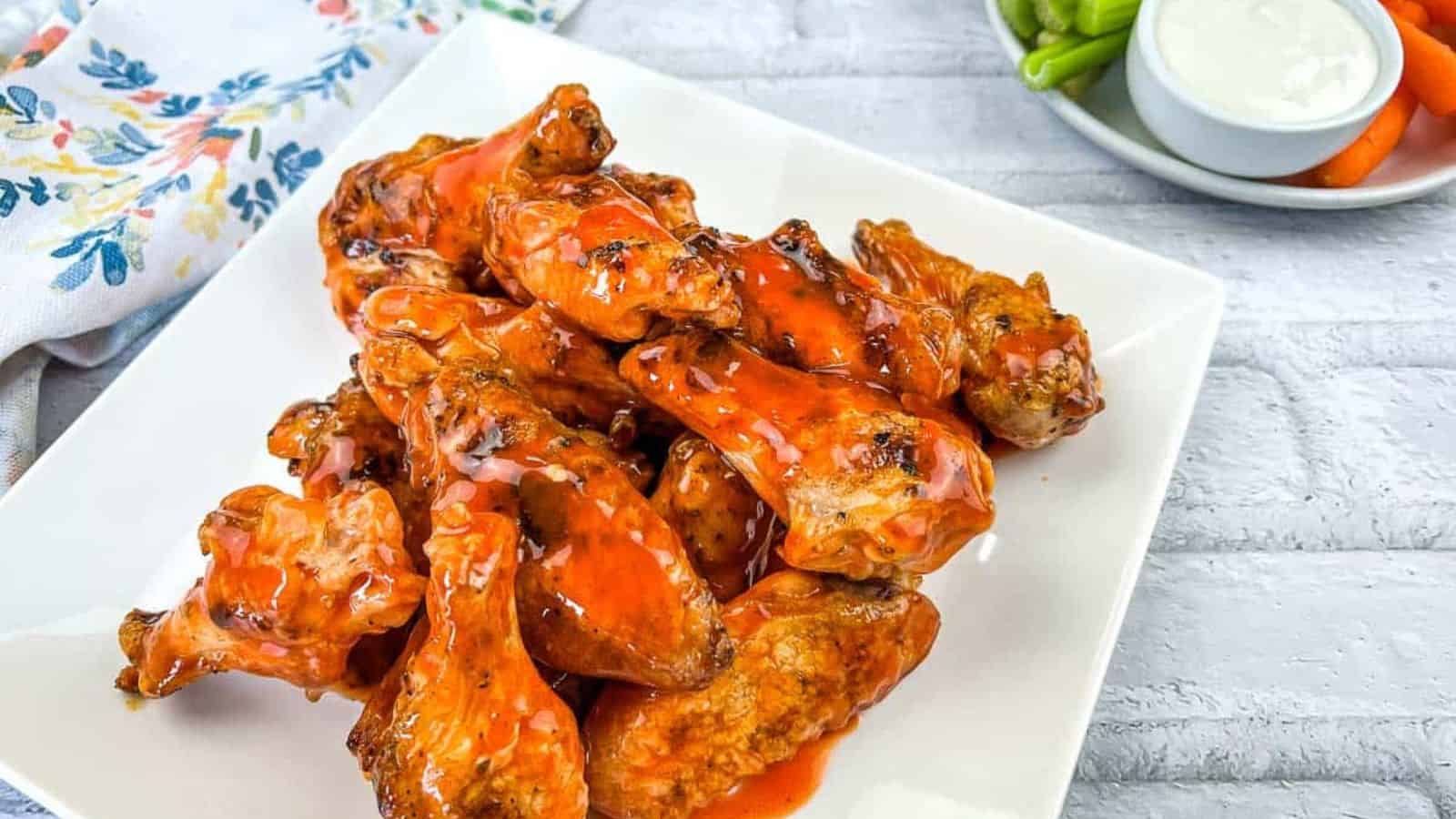 A white plate holds a pile of glazed buffalo chicken wings. A bowl of ranch dip, baby carrots, and celery sticks are visible on a separate plate in the background. A printed napkin sits to the side.