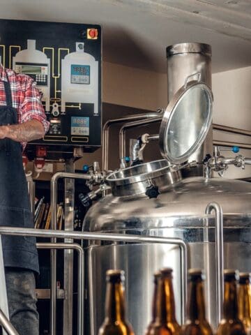 A person with a beard, wearing a red plaid shirt and apron, stands holding a large metal rod in a brewery. Stainless steel brewing tanks and various equipment are in the background. Bottles are in the foreground.