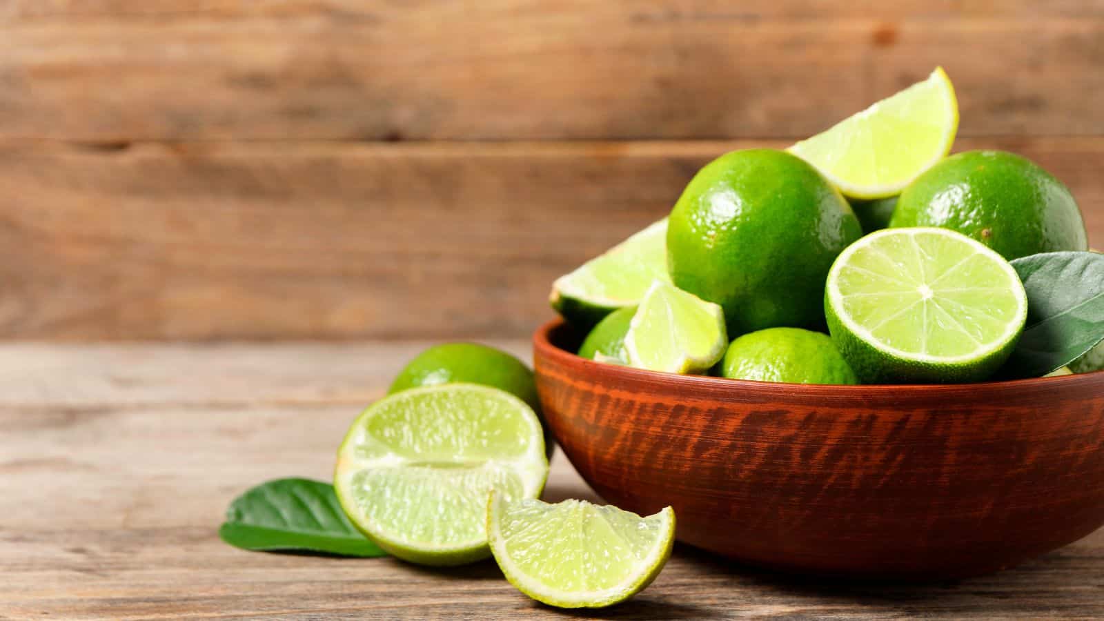 A wooden bowl filled with whole and sliced limes, with additional lime halves and leaves placed on a wooden surface, against a wooden background.