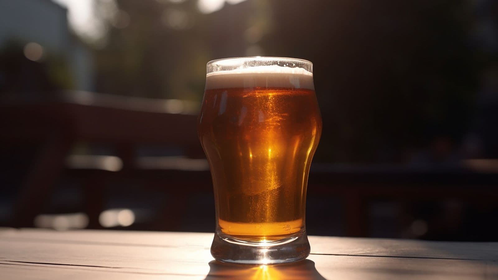 A pint glass filled with amber-colored beer topped with a layer of foam sits on a wooden table outdoors, with sunlight shining through the glass and a blurred background.