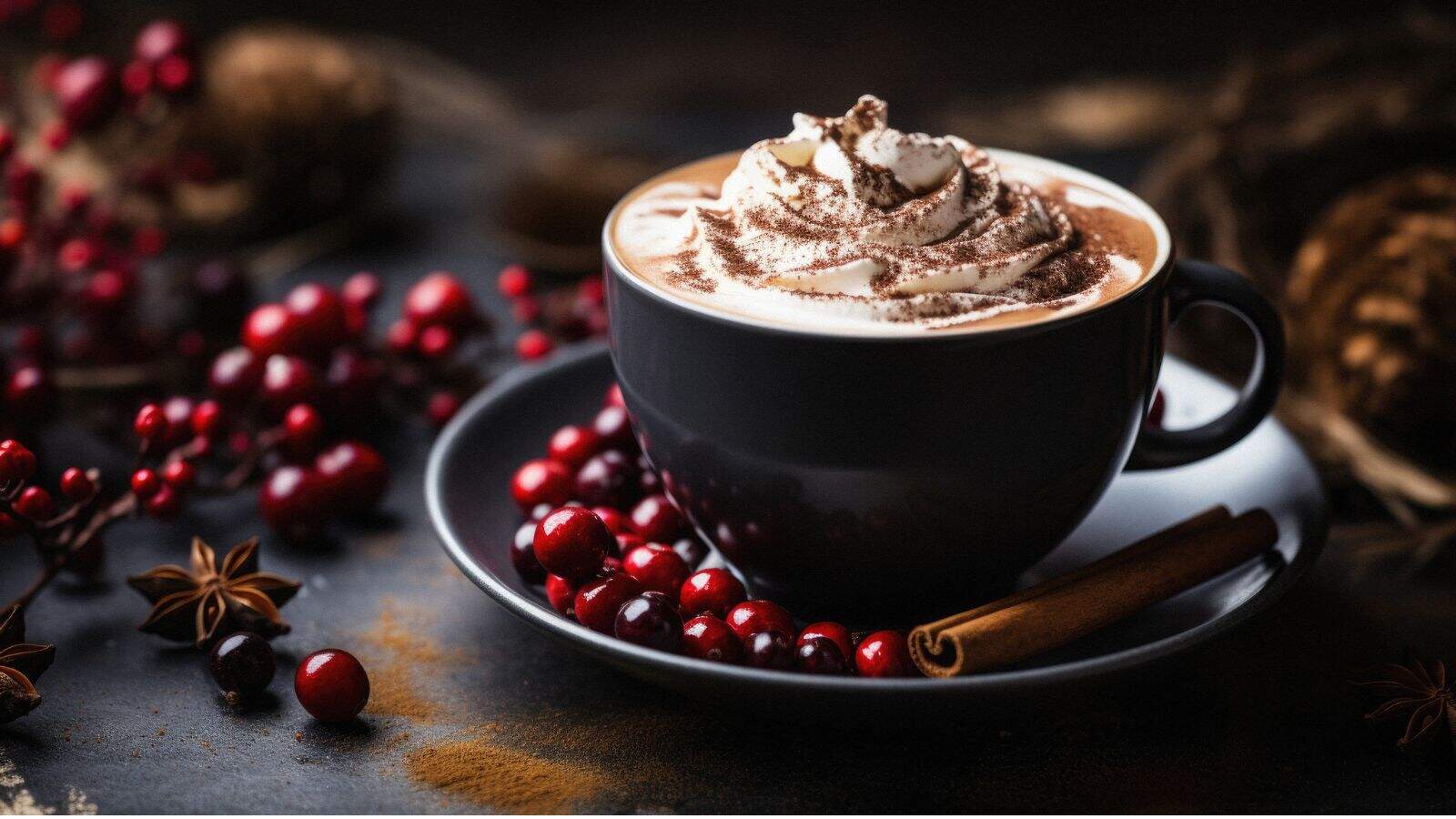A black cup filled with hot chocolate is topped with whipped cream and cocoa powder, placed on a saucer. Surrounding the cup are fresh cranberries, star anise, cinnamon sticks, and a light dusting of cocoa powder on a dark surface.