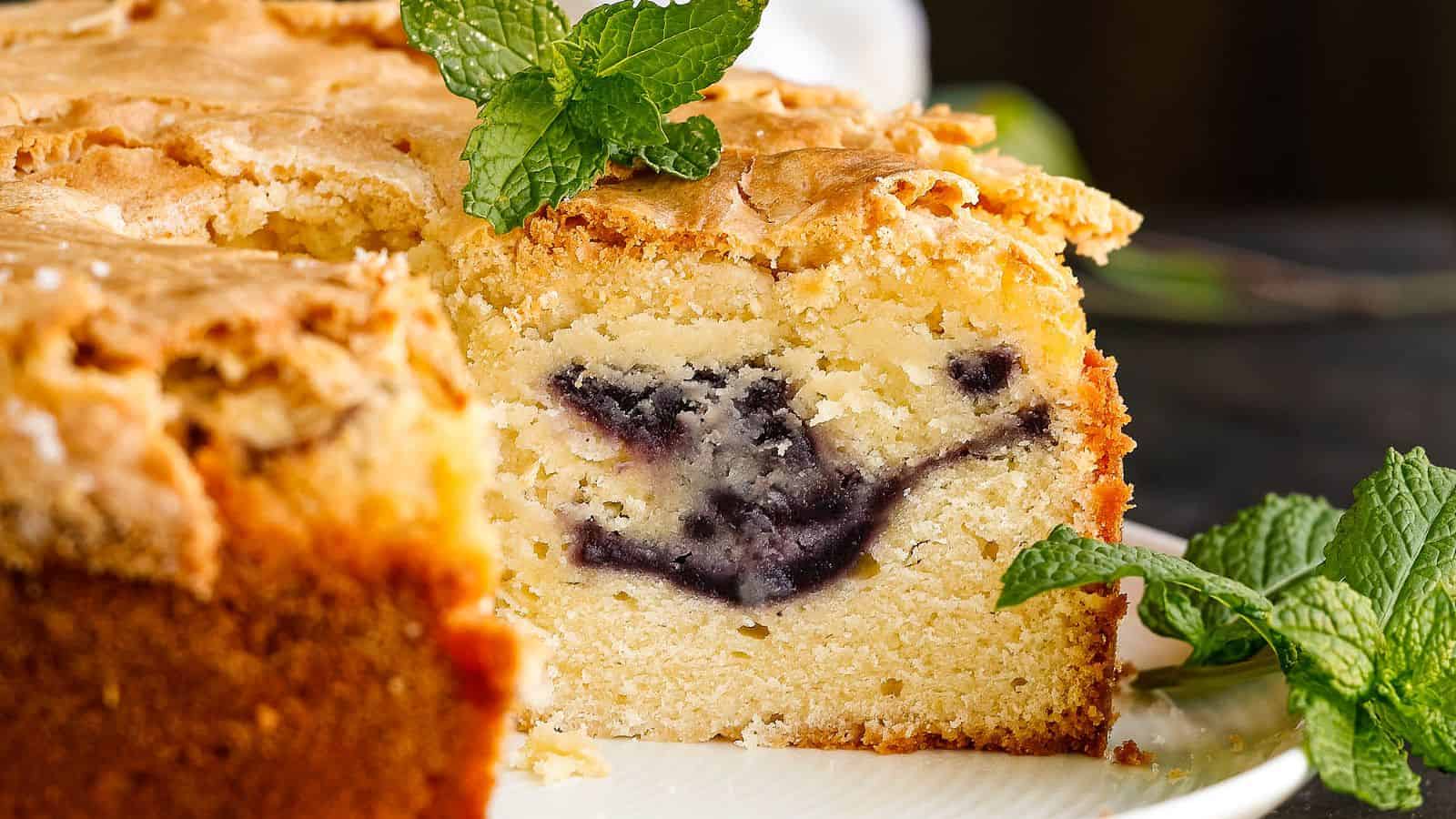 Blueberry Swirl Pound Cake with slice cut out.