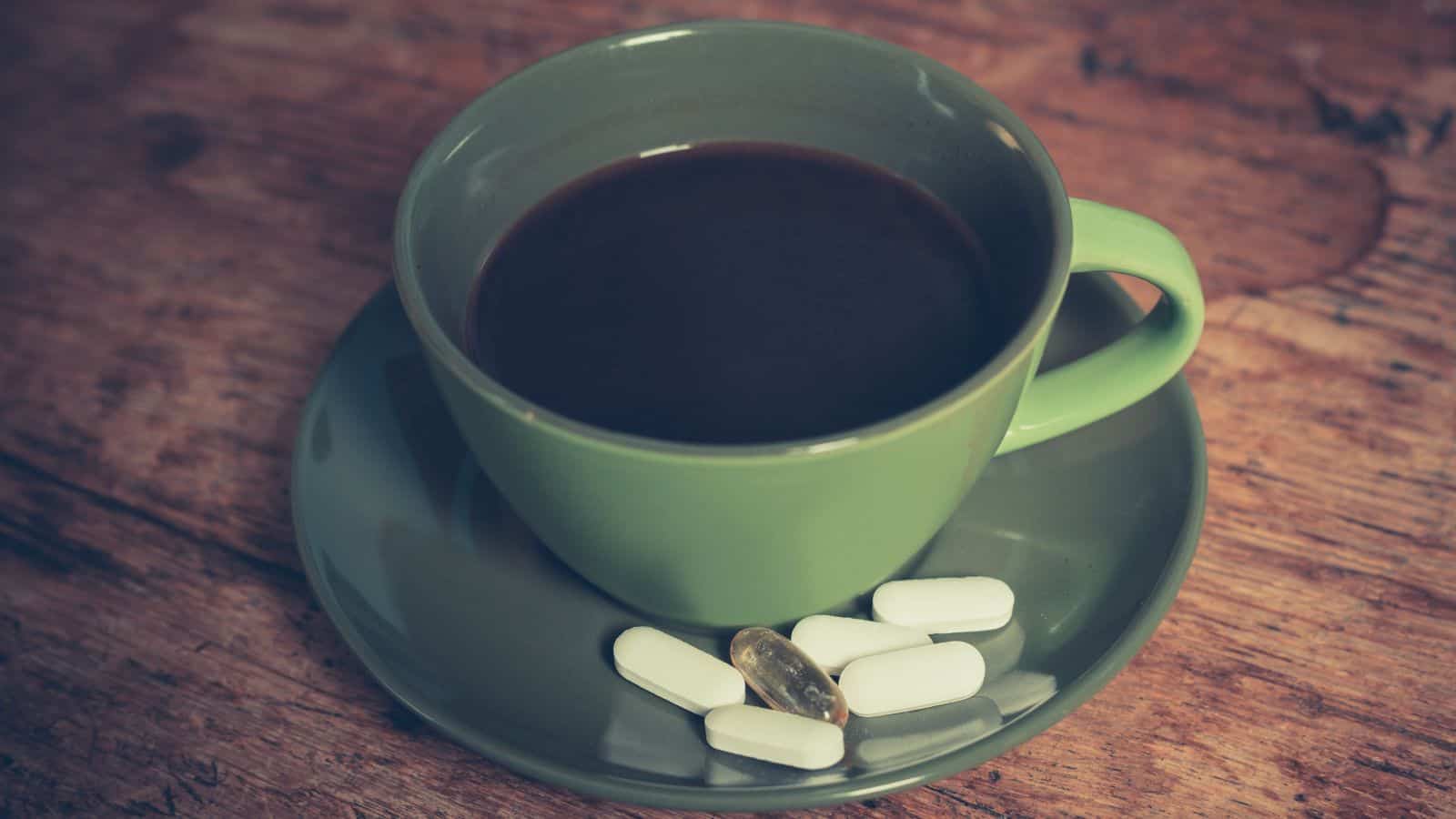 A green cup filled with black coffee sits on a matching saucer. Several white pills and one translucent capsule are placed on the saucer next to the cup, all on a wooden surface.