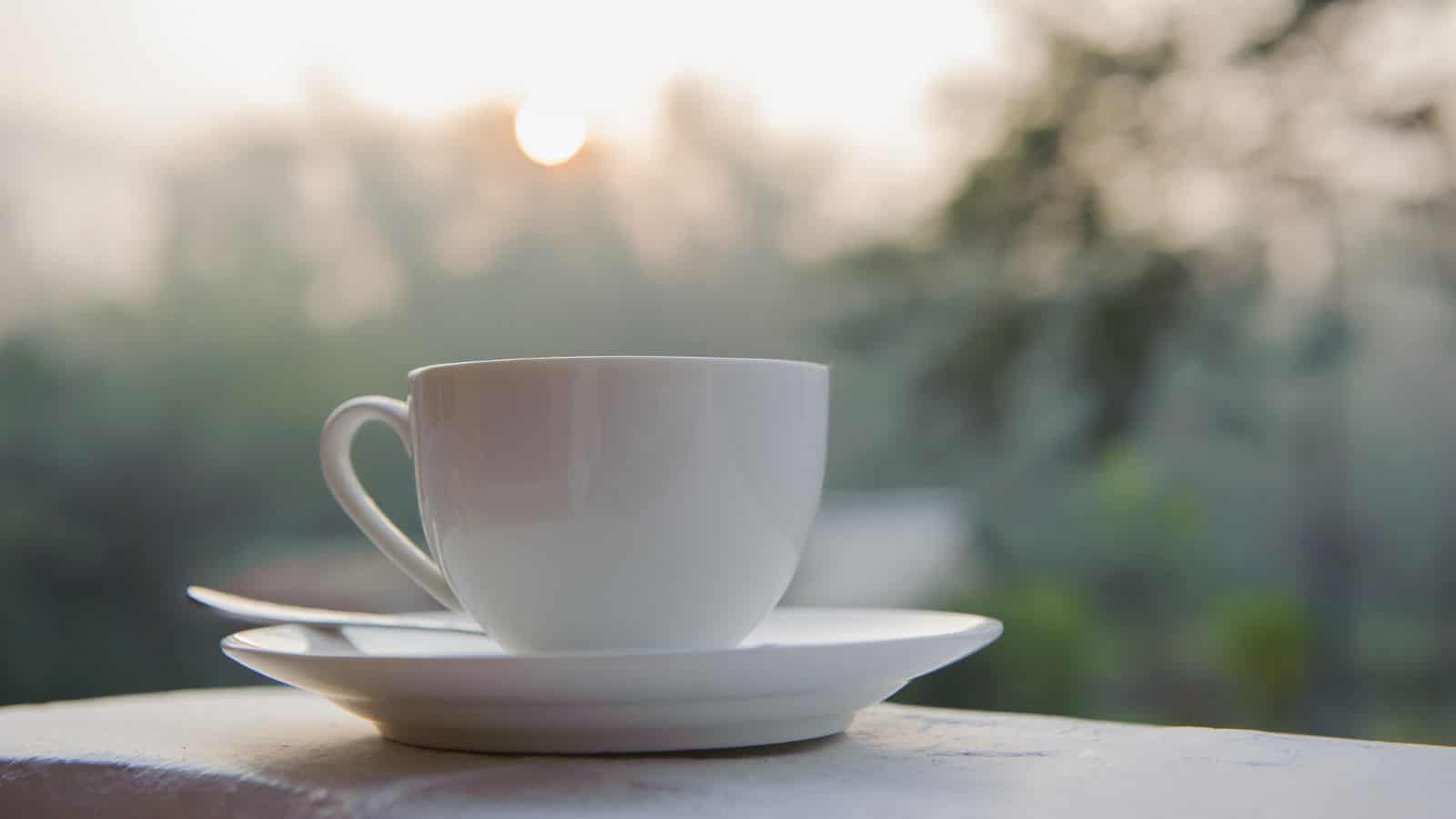 A white ceramic cup and saucer sit on a ledge with a spoon, against a blurry outdoor background and soft sunlight.