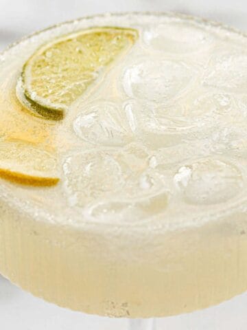A clear cocktail with ice cubes is served in a ridged glass, garnished with a lime wedge and a lemon wedge on the rim. The drink is set against a light, blurred background.