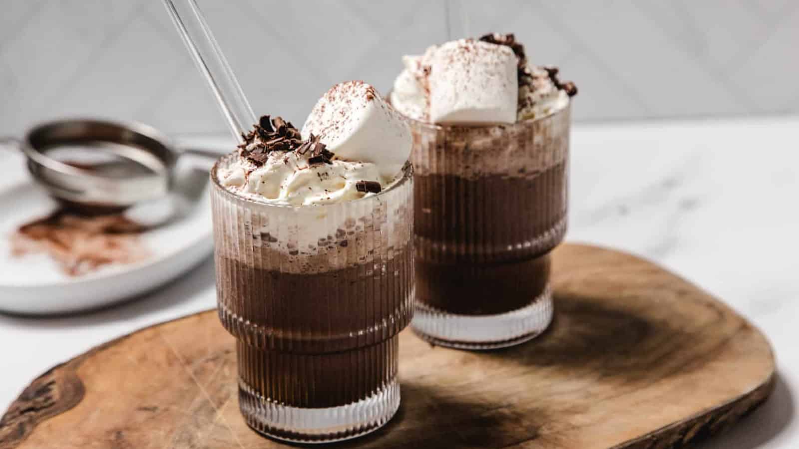 Two glasses of frozen chocolate mocktail.