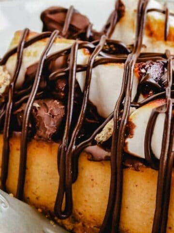 A slice of cheesecake topped with toasted marshmallows and chocolate drizzle on a plate with a fork.