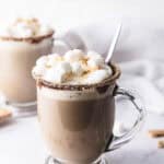Glass mug of S’mores Latte topped with marshmallows and crushed crackers, with a spoon inside. Try this cozy S’mores Latte Recipe for a delicious treat!.