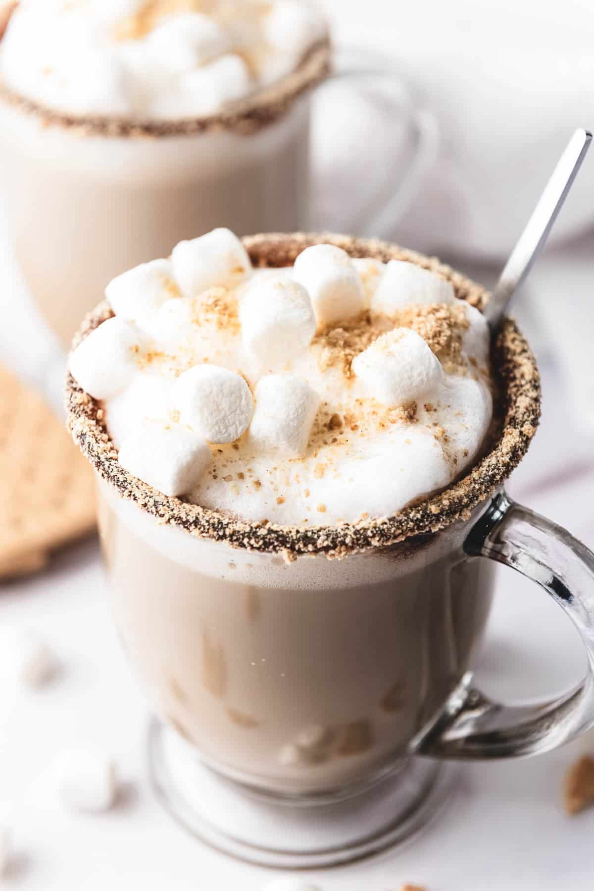 Clear glass mug of hot chocolate topped with marshmallows and graham cracker crumbs, inspired by the classic S&rsquo;mores Latte Recipe, with a spoon inside.