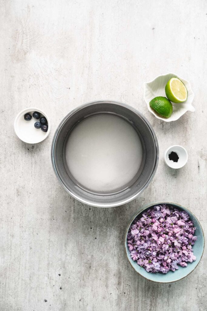 Bowl of lilac syrup, bowl of lilac flowers, lime halves, blueberries, and a small dish on a light surface.