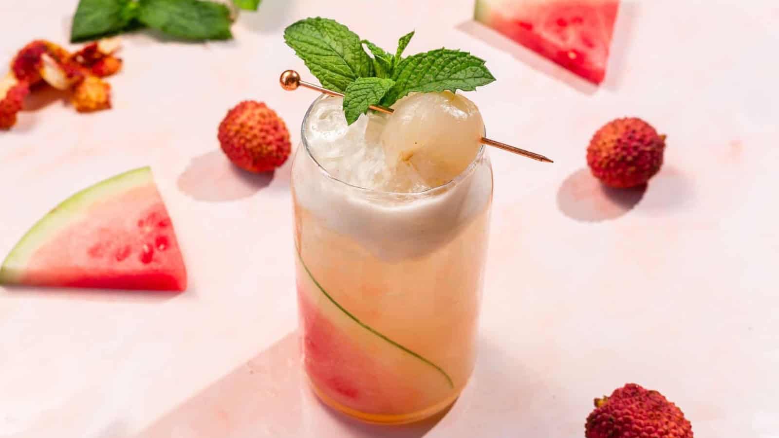 A tall glass of lychee and watermelon cocktail with ice, mint garnish, and lychees, surrounded by fruit slices.