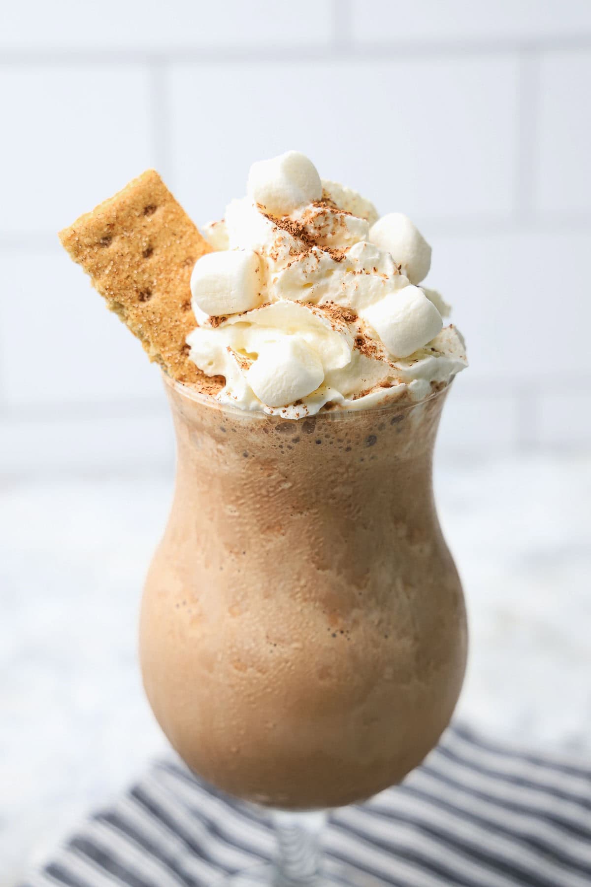 A s'mores milkshake topped with whipped cream, mini marshmallows, cinnamon, and a graham cracker.