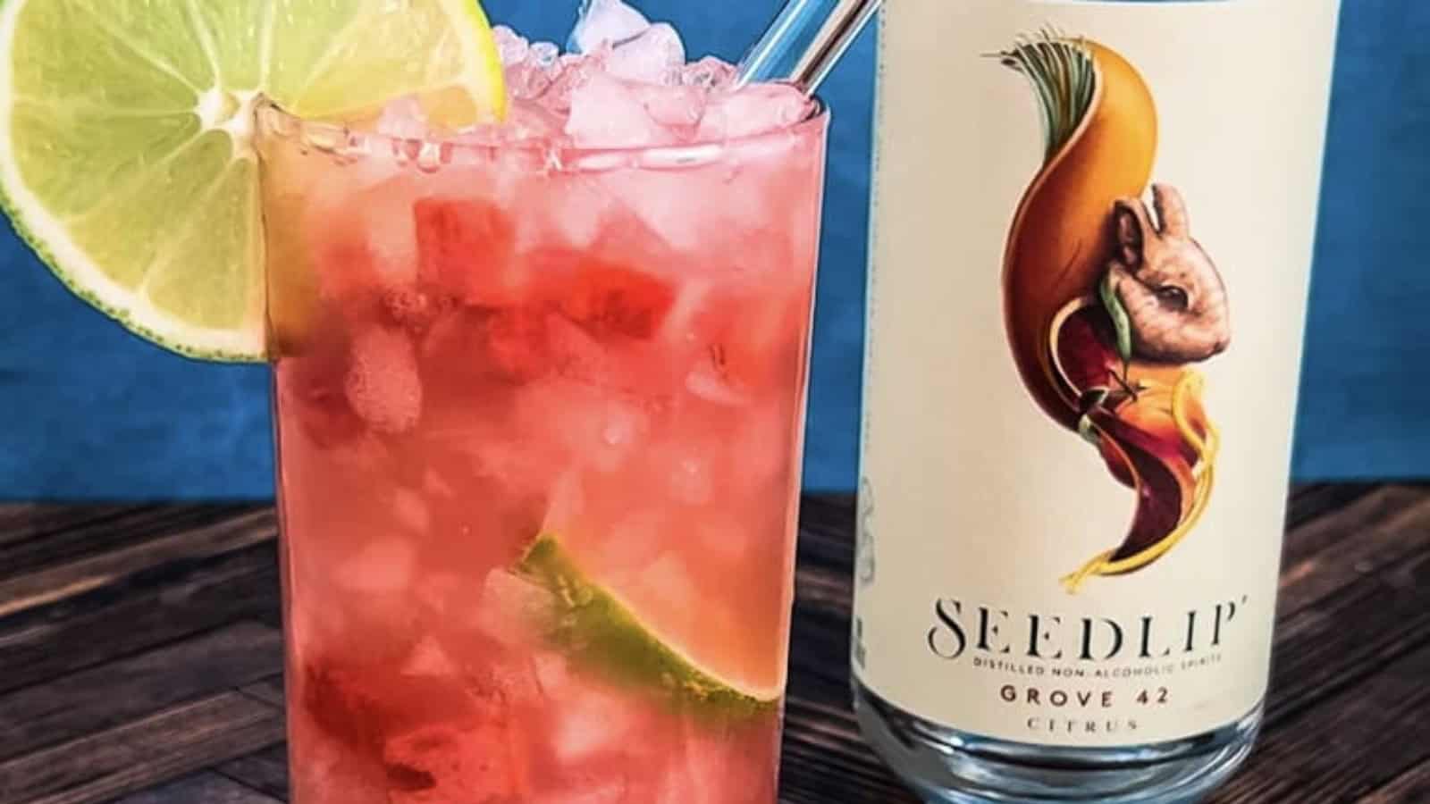 A pink cocktail with ice, lime slices, and a metal straw beside a Seedlip Grove 42 citrus bottle.