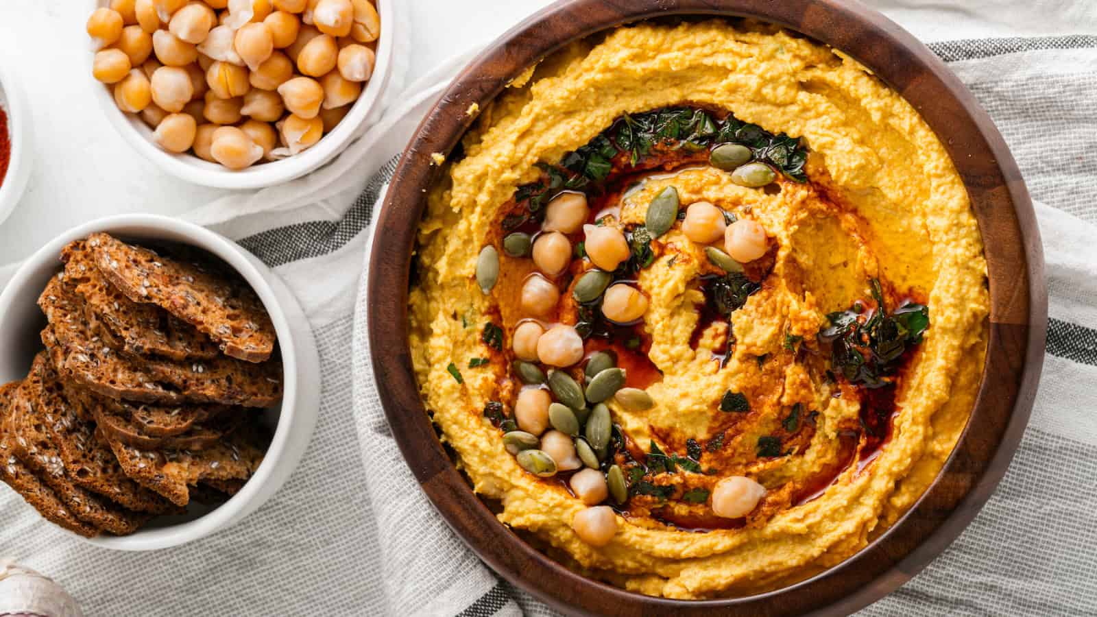 A bowl of roasted pumpkin hummus.