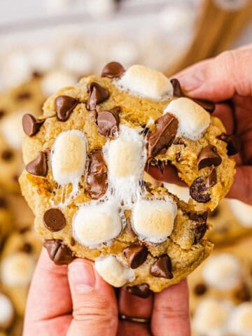 A hand holding a gooey S'mores Cookies recipe creation topped with melted marshmallows and chocolate chips.