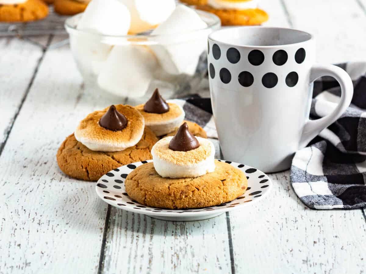 Two blossom cookies topped with marshmallows and chocolate sit beside a polka dot mug and a bowl of marshmallows.