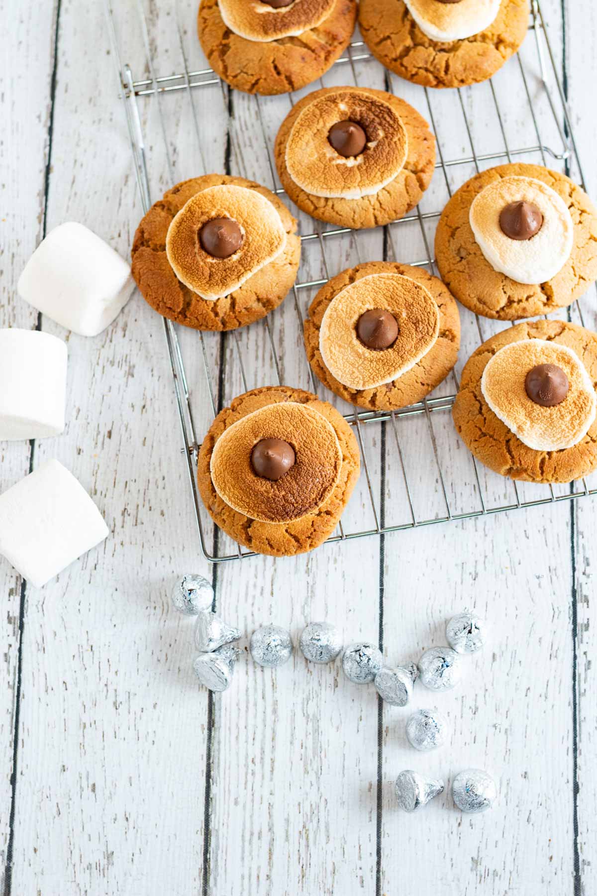 Peanut Butter Cookies with toasted marshmallows and chocolate on a cooling rack, surrounded by gooey marshmallows and chocolates.