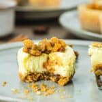 Mini cheesecakes with a crumb crust and diced caramelized apples on top, shown with a bite taken out-an irresistible twist on an Apple Crisp in every bite. Try this mini cheesecake recipe for your next dessert craving!.