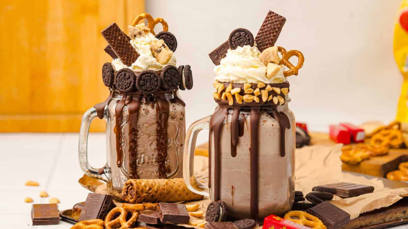 Two chocolate milkshakes in jars topped with whipped cream, cookies, pretzels, peanuts, and chocolate pieces.
